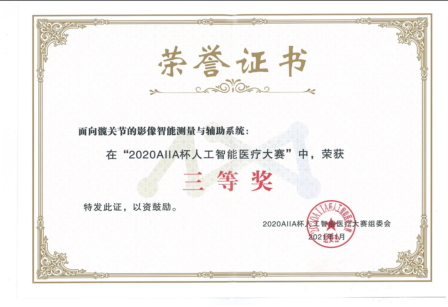 2020AIIA人工智能医疗大赛三等奖-荣誉证书
